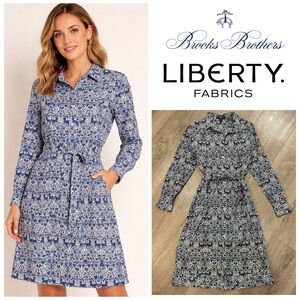 Brooks Brothers Blue Printed Long‑Sleeve Shirt Dress